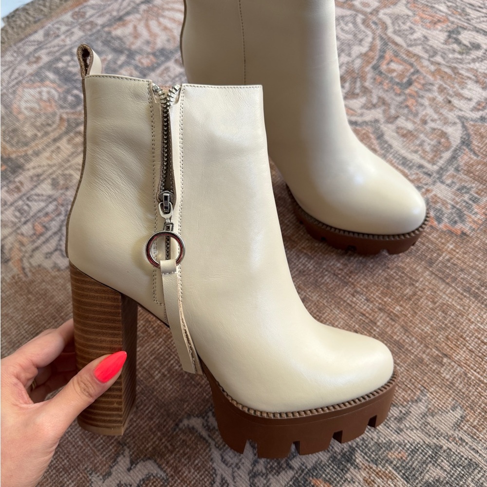 High Block Heeled Chunky Leather Boot In Beige